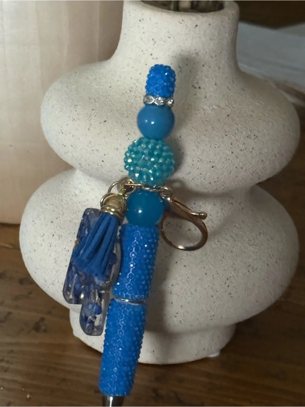 Blue Beaded Pen Key & Card Charm with Tassel